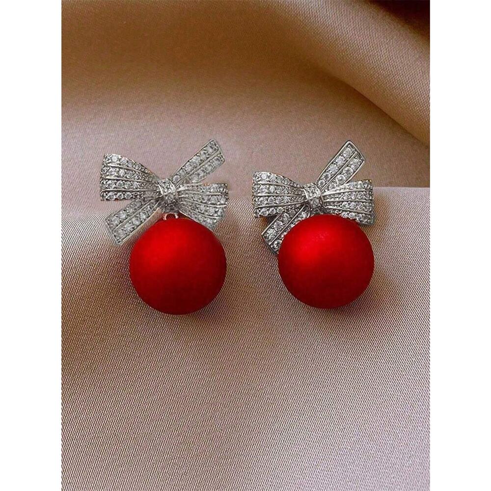 Beautiful Elegant Holiday Red Ornament Ball w/ Jeweled Silver Bow Drop Earrings